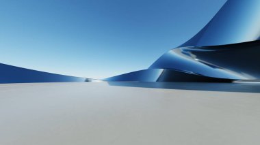 Üç boyutlu soyut dalgalı mimari arka plan, minimum eğimli geometri mimari tasarımı, boş beton zeminli araba sunum arkaplanı, akan geometrik metal bina tasarımı