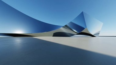 Üç boyutlu soyut dalgalı mimari arka plan, minimum eğimli geometri mimari tasarımı, boş beton zeminli araba sunum arkaplanı, akan geometrik metal bina tasarımı