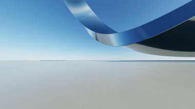 Üç boyutlu soyut dalgalı mimari arka plan, minimum eğimli geometri mimari tasarımı, boş beton zeminli araba sunum arkaplanı, akan geometrik metal bina tasarımı