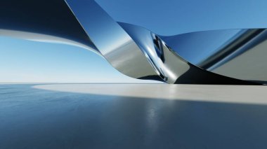 Üç boyutlu soyut dalgalı mimari arka plan, minimum eğimli geometri mimari tasarımı, boş beton zeminli araba sunum arkaplanı, akan geometrik metal bina tasarımı