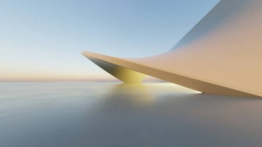 Soyut beyaz kıvrımlı mimari arka plan, yansıyan beton zeminli boş dalgalı alan, fütürist modern iç fon, çarpık binanın 3D görüntüsü
