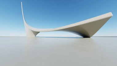 Soyut beyaz kıvrımlı mimari arka plan, yansıyan beton zeminli boş dalgalı alan, fütürist modern iç fon, çarpık binanın 3D görüntüsü