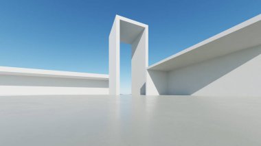 Soyut modern mimari arka plan, minimal geometri mimari tasarımı, boş beton zeminli araba sunumu arkaplanı, Geometrik beyaz bloklar bina tasarımı