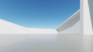 Soyut modern mimari arka plan, minimal geometri mimari tasarımı, boş beton zeminli araba sunumu arkaplanı, Geometrik beyaz bloklar bina tasarımı