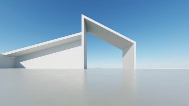Soyut modern mimari arka plan, minimal geometri mimari tasarımı, boş beton zeminli araba sunumu arkaplanı, Geometrik beyaz bloklar bina tasarımı