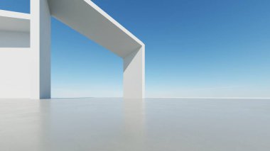 Soyut modern mimari arka plan, minimal geometri mimari tasarımı, boş beton zeminli araba sunumu arkaplanı, Geometrik beyaz bloklar bina tasarımı