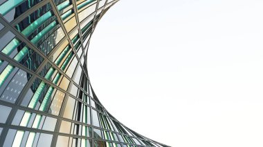 Modern mimarinin 3D görüntüsü, gökdelen ofis binası, cam pencere ve eğri çelik çerçeve.