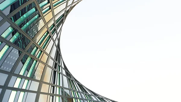 Modern mimarinin 3D görüntüsü, gökdelen ofis binası, cam pencere ve eğri çelik çerçeve.