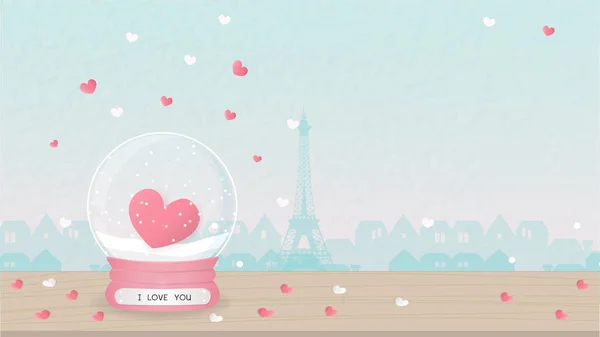 Ahşap bir masa üzerinde bir kar küresi içinde kalp ile Sevgililer kartı. Arka planda Paris şehri. Vektör çizimi. 