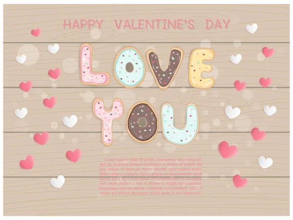 Valentine Day Card Text Love You Wooden Background Vector Illustration — Stock Vector