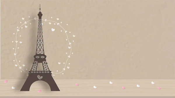 平面设计情人节卡与埃菲尔铁塔靠墙在木板上 文本情人节快乐 在巴黎恋爱 矢量插图 — 图库矢量图片