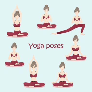 Fitness kadın güzel kız kırmızı yoga kıyafeti, vektör illüstrasyon meditasyon ile yoga duruş oturan.