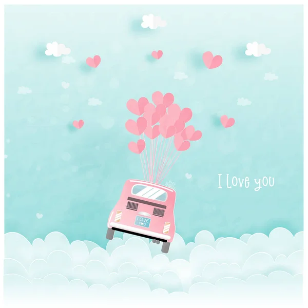 Valentine Card Old Pink Vintage Car Road Carrying Heart Balloons — Stock Vector