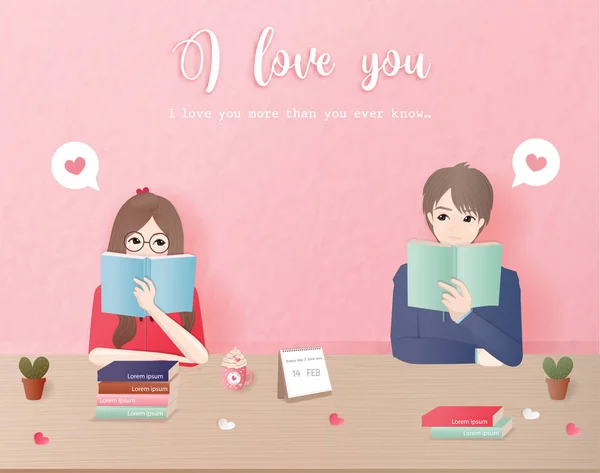 Karakter tasarımı aşk konsepti çift birlikte kitap okuma, aşık kütüphane ile. Sevgililer günü kartı vektör illüstrasyon. 