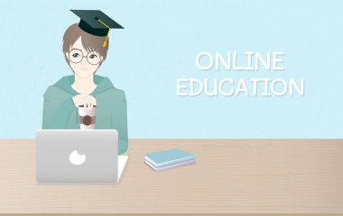 Bir çocuk okuyan ve mezuniyet şapkası giyen bir çocuk ile online eğitim. Geleceğe, düz tasarım vektör illüstrasyonuna bakın. 