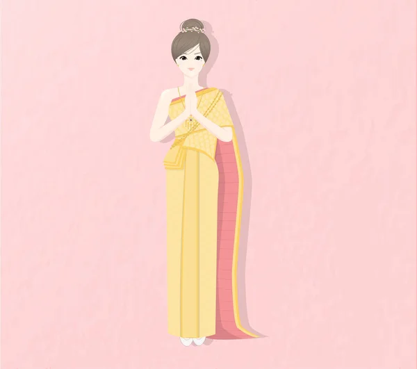 サワディー こんにちはという意味 と呼ばれるタイスタイルのタイの伝統的な衣装の挨拶でタイの女性は タイへようこそ 旅行広告デザインテンプレート ベクトルイラスト — ストックベクタ