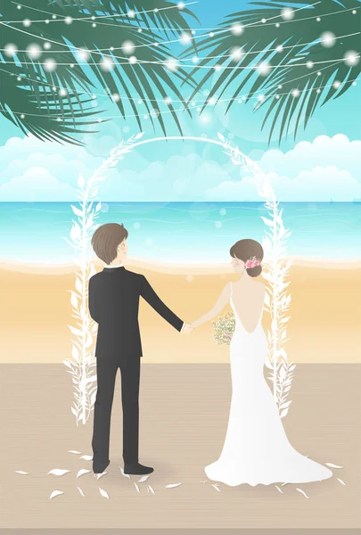 Wedding Day Beach Couple Holding Hands Look Each Other Front — Stock Vector