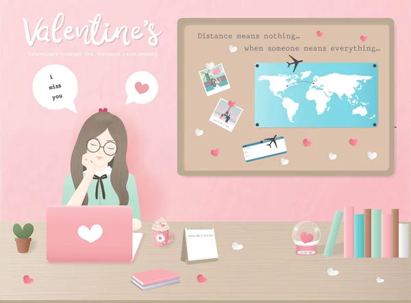 Valentine Day Concept Distance Relationships Girl Chatting Boyfriend Including Wold — Stock Vector