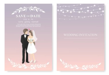 Çift savaşan gelinlik sarılma ve birbirlerine bakmak ile Düğün davetiye kartı. Beyaz romantik çelenk ile tarih kaydedin. Düz tasarım vektör illüstrasyon. 