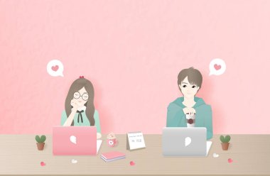 Sevgililer günü ve güzel çift ile kart. Düz tasarım vektör illüstrasyon. 