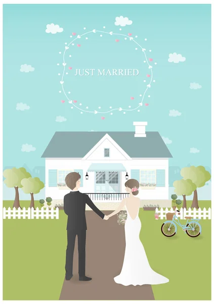 Marry Couple Moving New House Text Just Married Celebrate Wedding — Stock Vector