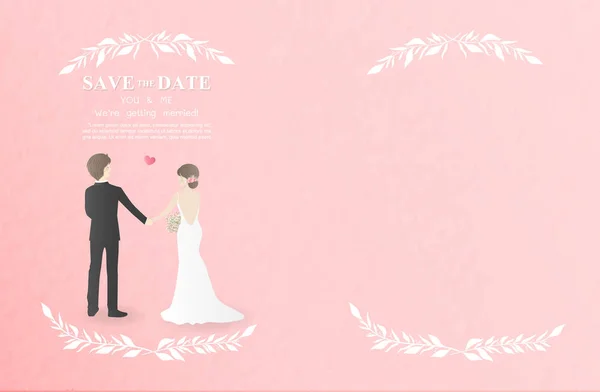 Carte Invitation Mariage Avec Couple Robe Mariée Belligérante Étreignant Regarder — Image vectorielle