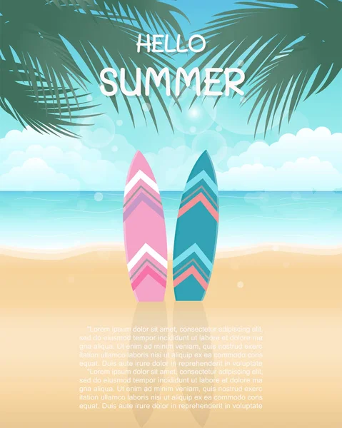 Deniz, güneş ve berrak mavi gökyüzü ile plajda renkli sörf ile Merhaba yaz. Düz tasarım vektör illüstrasyon. 