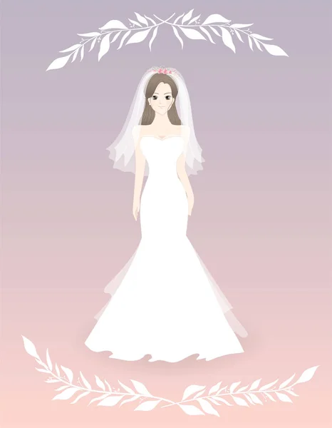 Beautiful Bride White Wedding Dress Vector Illustration — Stock Vector