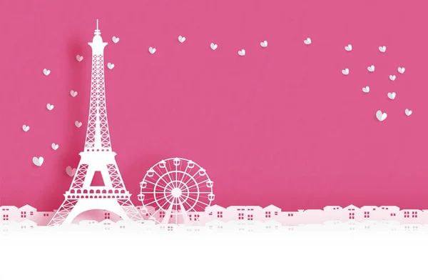 Kağıt kesim tarzı Eyfel kulesi, Paris sembolü ile Sevgililer kartı, Duvarda kalpleri ile Fransa. Vektör çizimi. 