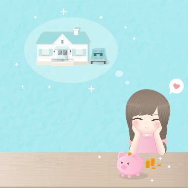 Domuz kumbarasıyla geleceğini düşünen bir kızla para biriktirmek için karakter tasarımı. Ev ve araba, rüya görüyor. Vektör illüstrasyonu.