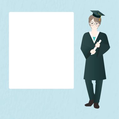 Mezun olmuş bir çocukla karakter tasarımı. Mezuniyet partisi için davetiye ve kutlama kartı taslağı. Vektör illüstrasyonu.