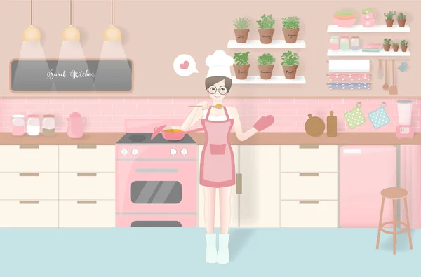 角色设计与一个女人烹饪的老式厨房风格 油腻的色彩 矢量说明 — 图库矢量图片