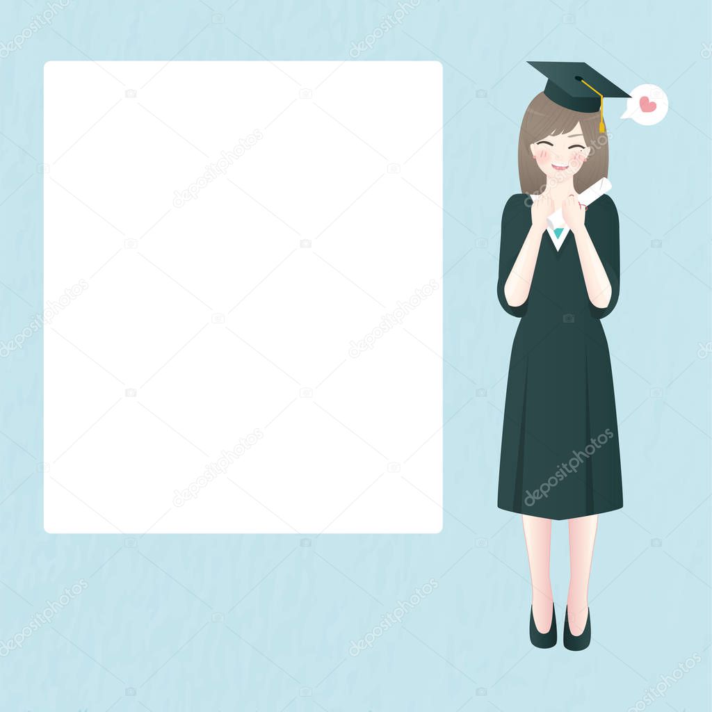 Character design with beautiful girl graduated. Invitation and celebration card template for graduation party. Vector illustration.