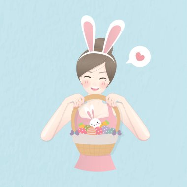 Paskalya sepeti, paskalya yumurtası ve sevimli tavşan çizimi taşıyan güzel bir kızın tasarımı.. 