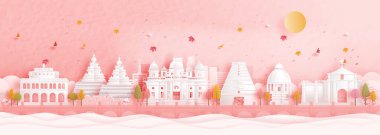 Hindistan, Chennai 'de sonbahar. Düşen yapraklar ve kağıt kesim tarzı illüstrasyonunda dünyaca ünlü simgeler.