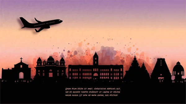 Aquarell Von Chennai Indien Silhouette Skyline Und Berühmtes Wahrzeichen Vektorillustration — Stockvektor