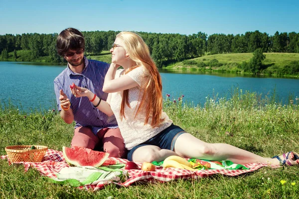 Outdoor Portrait Happy Loving Couple Lake Which — Stock Photo, Image