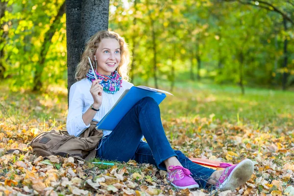 Teen Student Woman Sitting Lawn Park Books Notebook Writes — Stock Photo, Image