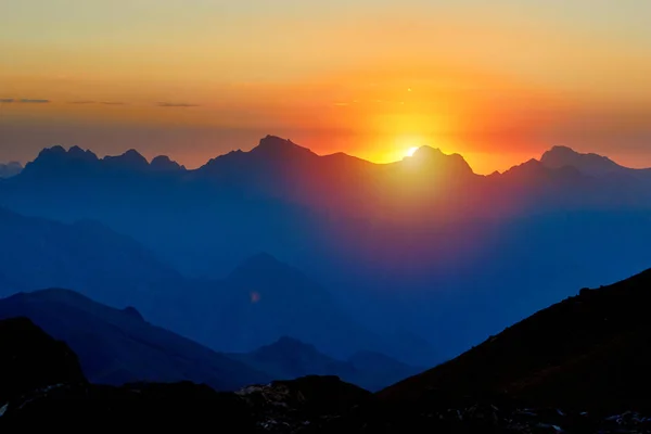 Mountain Silhouettes Sunset Orange Red Colors Sky Fann Pamir Alay — Stock Photo, Image