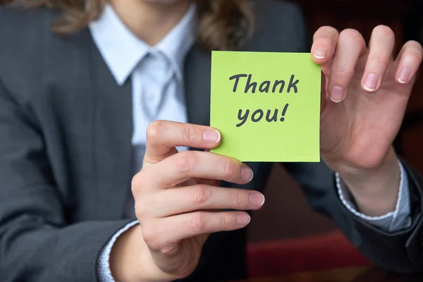 Two Hands Holding Square Blank Sticker Mock Inscription Thank You — Stock Photo, Image