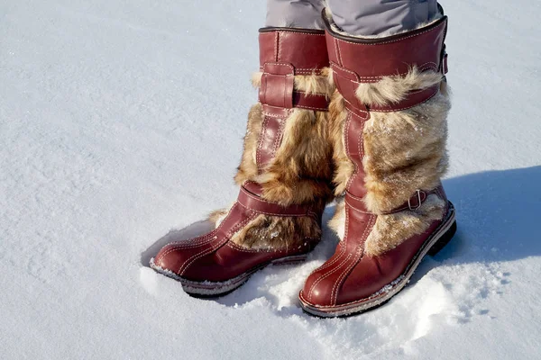 蒙古皮靴在雪冬天 — 图库照片