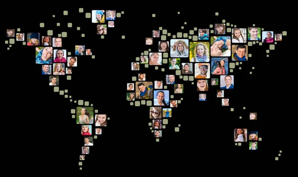 Collection de portraits de personnes placés comme forme de carte du monde. Concept d'entreprise mondial — Photo