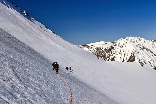 Un groupe d'alpinistes monte au sommet d'une montagne enneigée — Photo