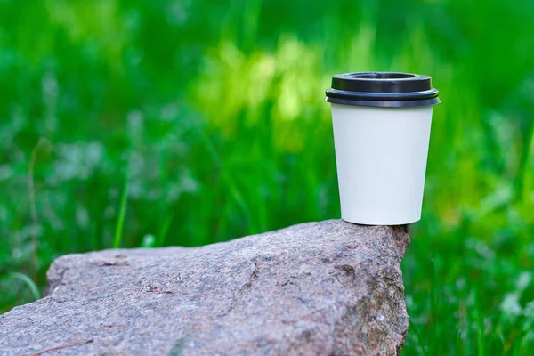 Paper coffee cup or disposable cup on grass green natural. With copy space for your text and logo