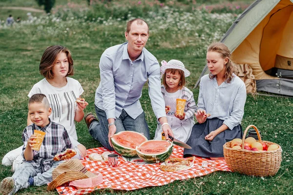 Happy Family Eating Watermelon Picnic Meadow Tent Family Enjoying Camping — Stock Photo, Image