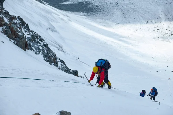 Groupe Alpinistes Monte Sommet Une Montagne Enneigée — Photo