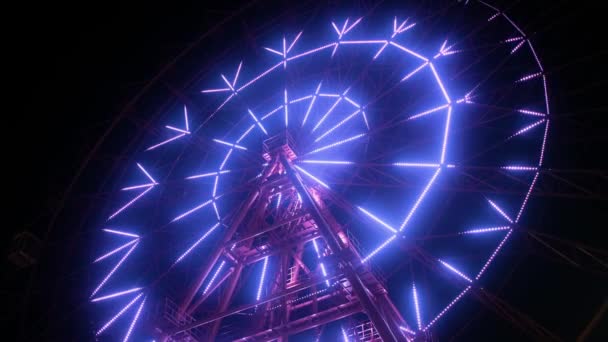 Hand with phone taking photo. Ferris wheel illuminated at night. — Stock Video