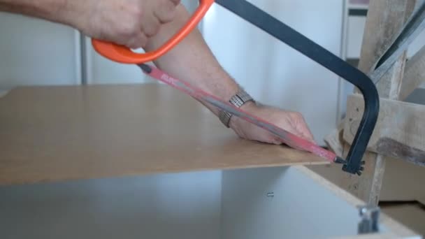 Tablón de sierra de carpintero con una sierra de mano — Vídeo de stock