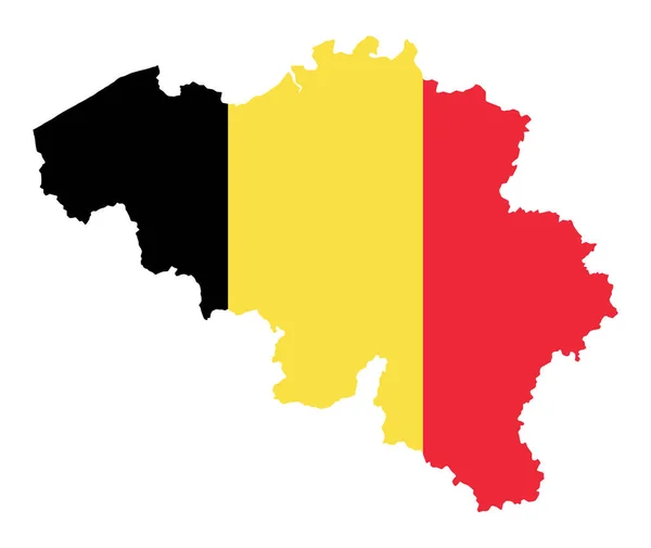 国のシルエットのベルギー王国の旗 大陸国家のバナー内のアウトラインとして 垂直のトリコロール 黄色と赤のストライプ 白で隔離された図 ベクトル — ストックベクタ