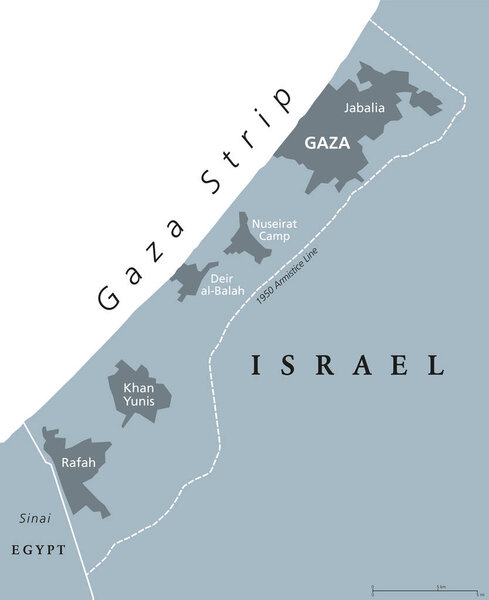 Gaza Strip political map. Self governing Palestinian territory on coast of Mediterranean Sea. Borders to Israel and Egypt. Claimed by State of Palestine. English labeling. Gray illustration. Vector.